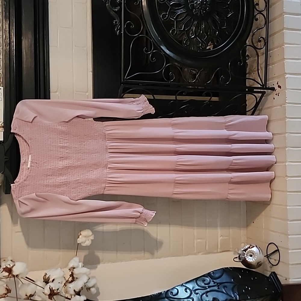 Boutique dress, never worn, sheer with slip, smocked style top, mauve in color